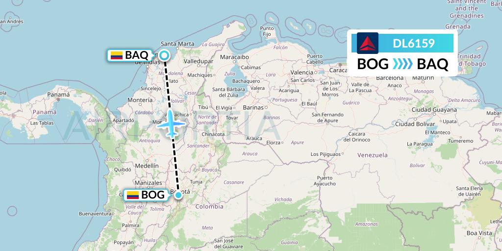 DL6159 Delta Air Lines Flight Map: Bogota to Barranquilla
