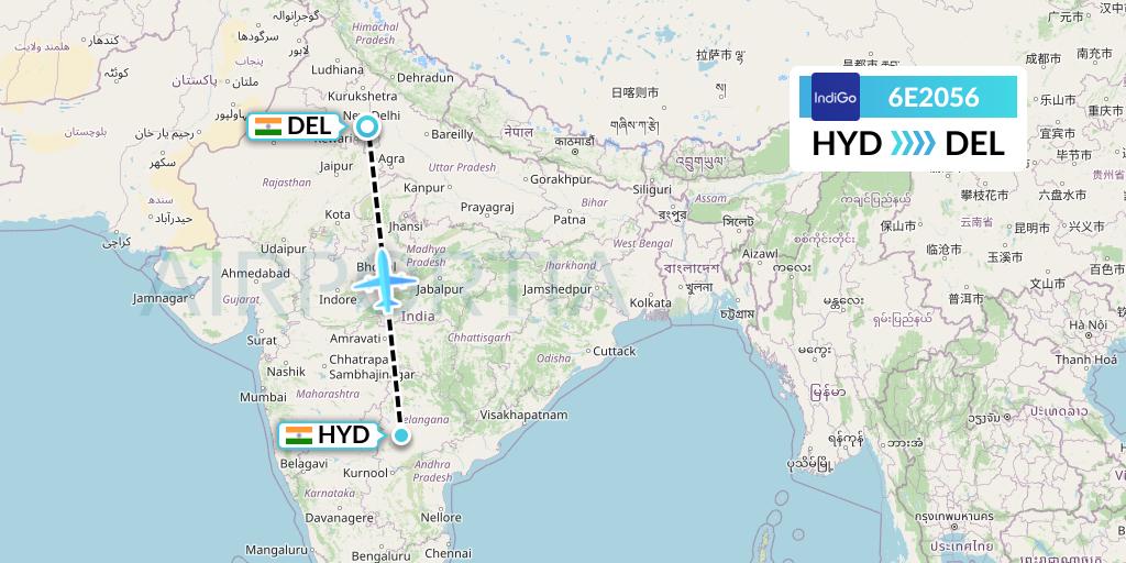 6E2056 IndiGo Airlines Flight Map: Hyderabad to Delhi