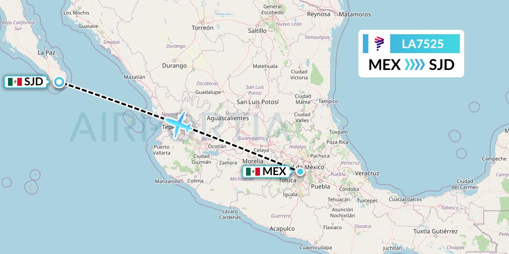LA7525 LAN Airlines Flight Map: Mexico City to San Jose del Cabo