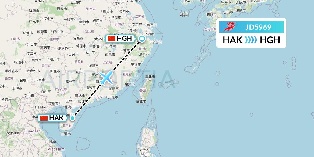 JD5969 Capital Airlines Flight Map: Haikou to Hangzhou