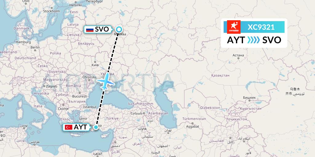 XC9321 Corendon Airlines Flight Map: Antalya to Moscow