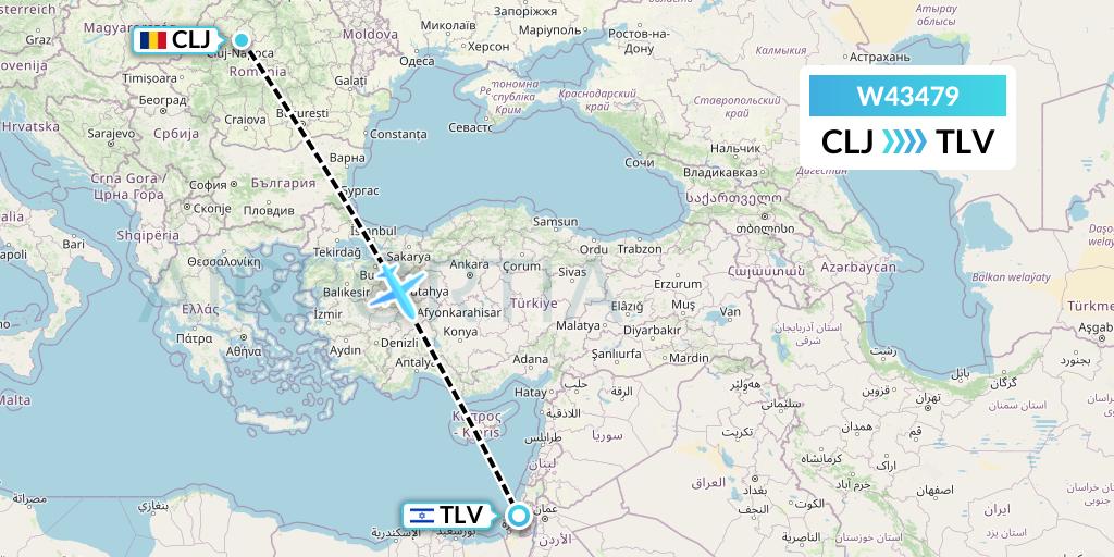 W43479 Wizz Air Malta Flight Map: Cluj-Napoca to Tel Aviv