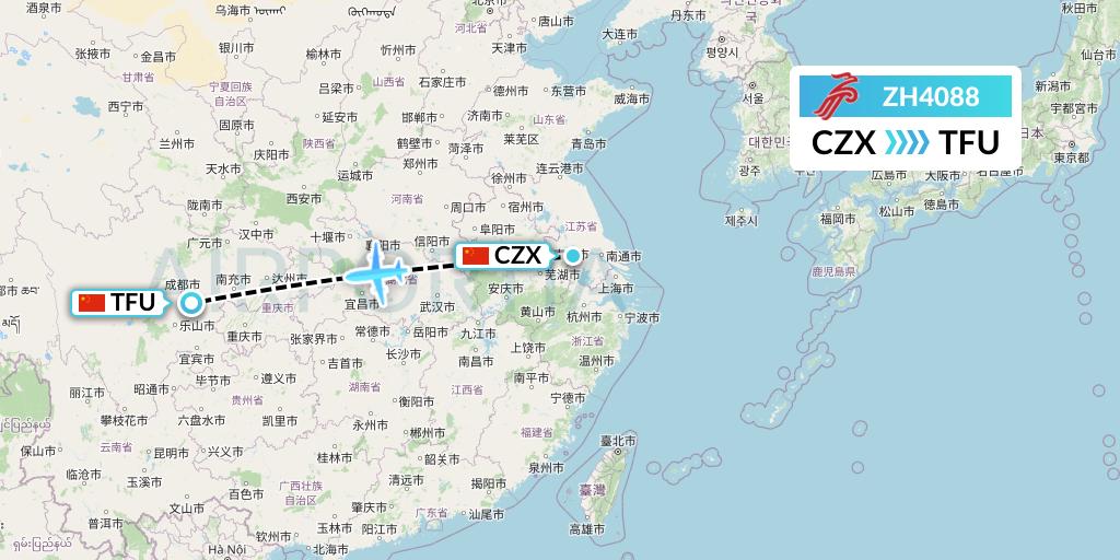 ZH4088 Shenzhen Airlines Flight Map: Changzhou to Chengdu