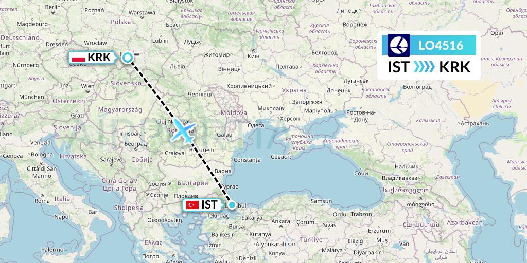 LO4516 LOT Flight Map: Istanbul to Krakow