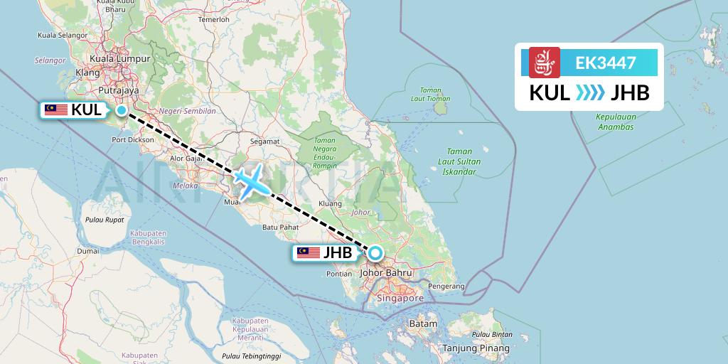 EK3447 Emirates Flight Map: Kuala Lumpur to Johor Bahru