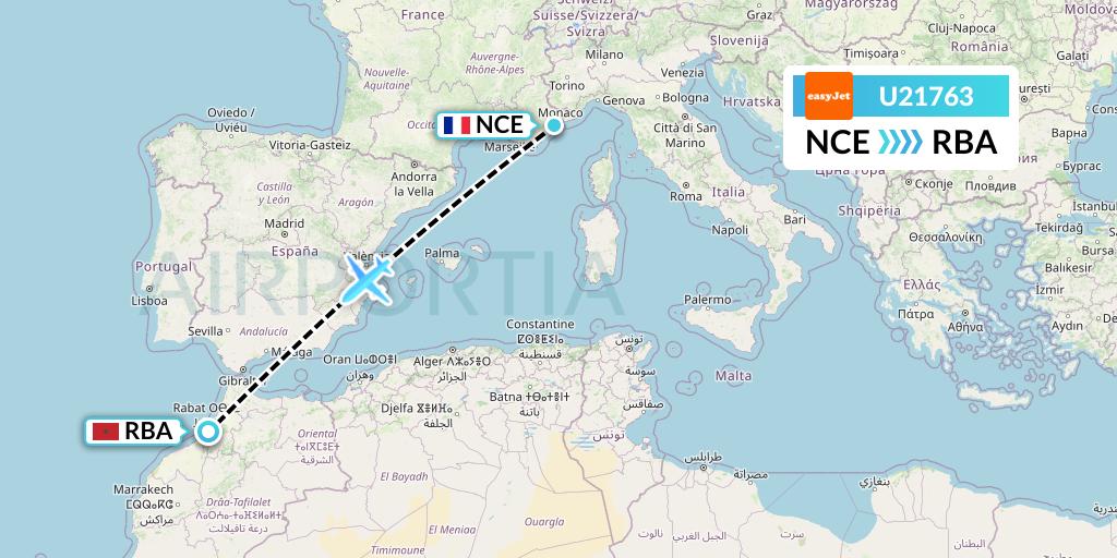 U21763 EasyJet Flight Map: Nice to Rabat