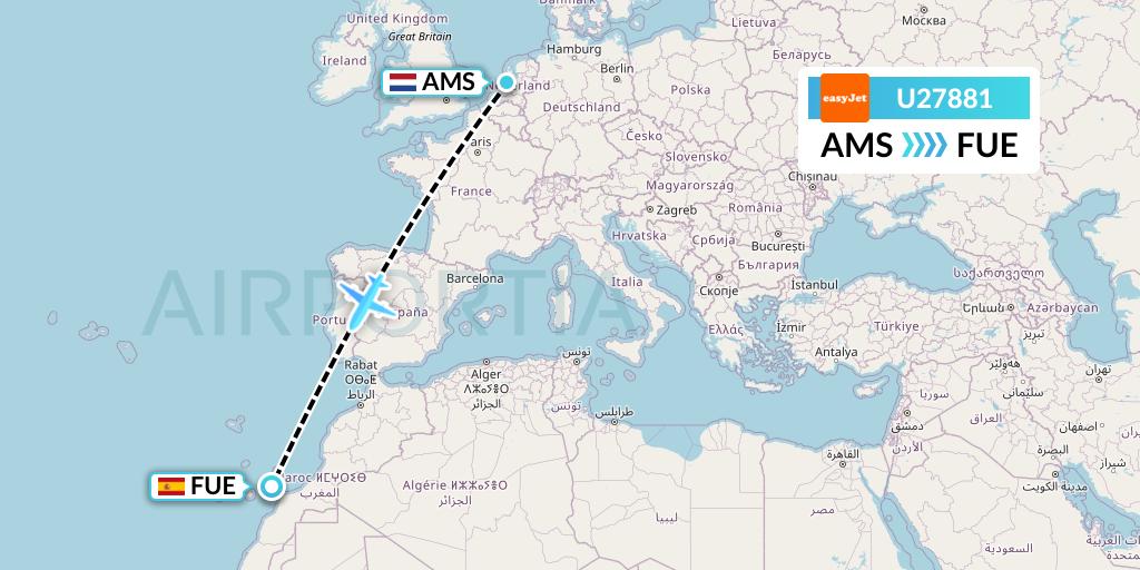 U27881 EasyJet Flight Map: Amsterdam to Fuerteventura