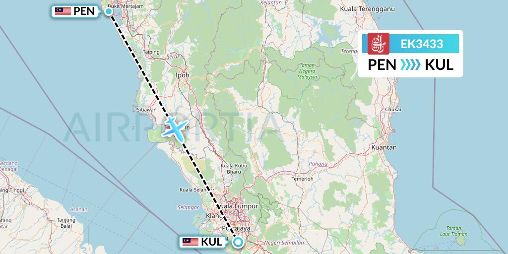 EK3433 Emirates Flight Map: Penang to Kuala Lumpur