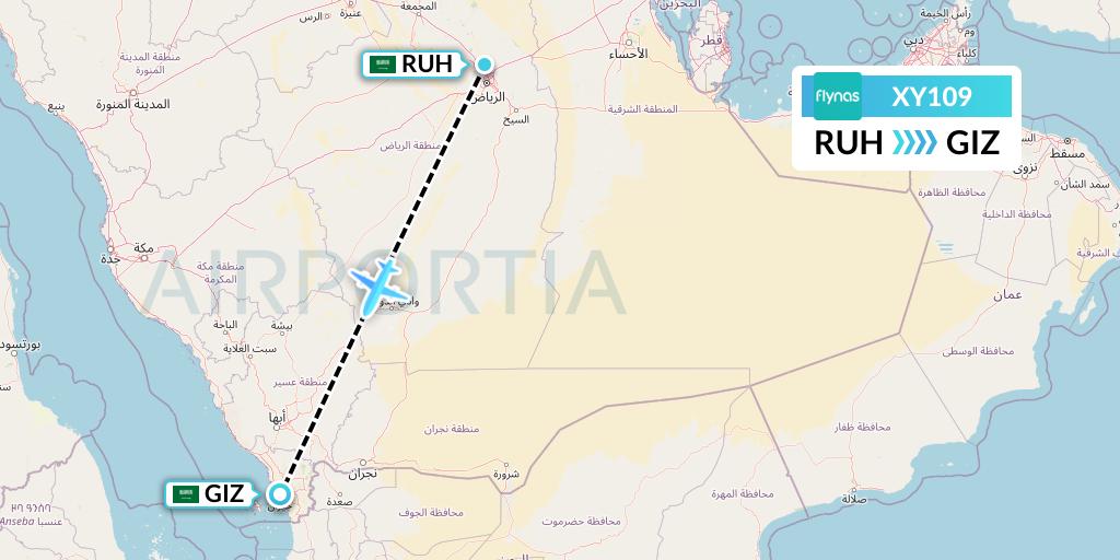 XY109 Flynas Flight Map: Riyadh to Jizan