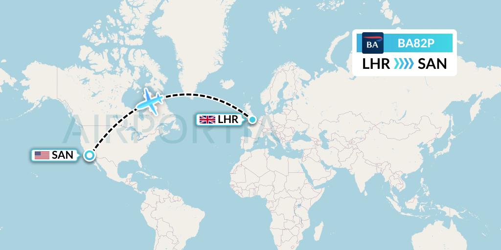 BA82P British Airways Flight Map: London to San Diego