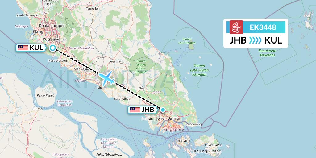 EK3448 Emirates Flight Map: Johor Bahru to Kuala Lumpur