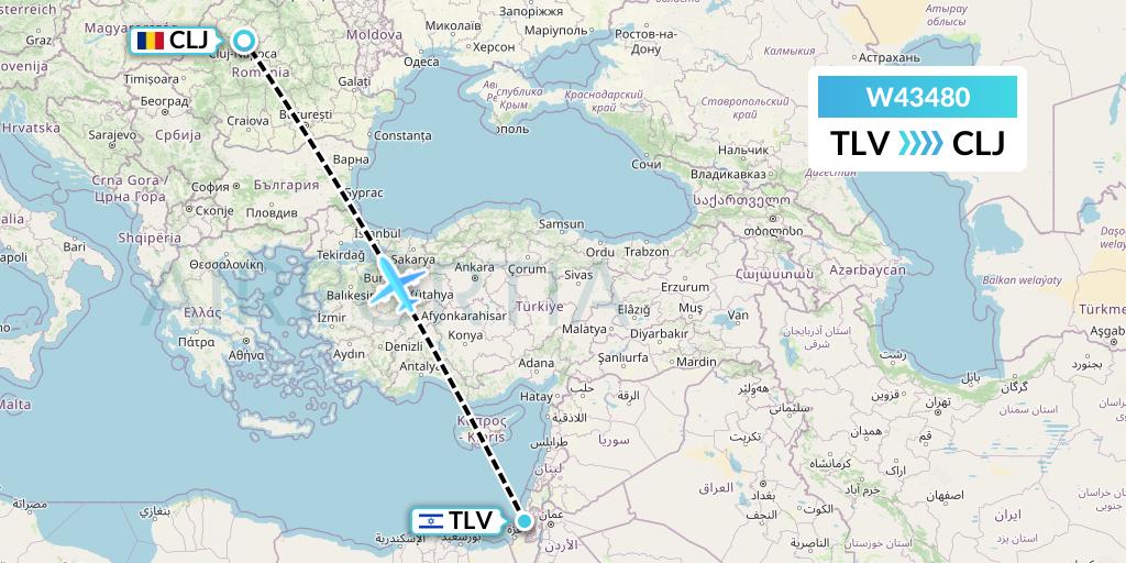 W43480 Wizz Air Malta Flight Map: Tel Aviv to Cluj-Napoca