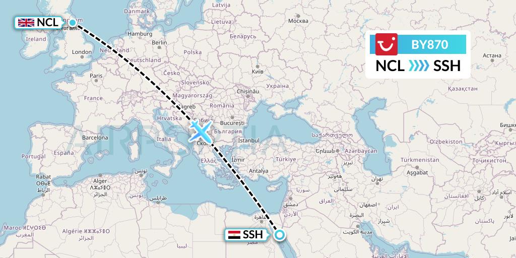 BY870 TUI Airways Flight Map: Newcastle to Sharm el-Sheikh