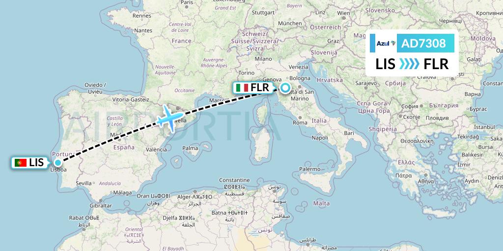 AD7308 Azul Brazilian Airlines Flight Map: Lisbon to Florence