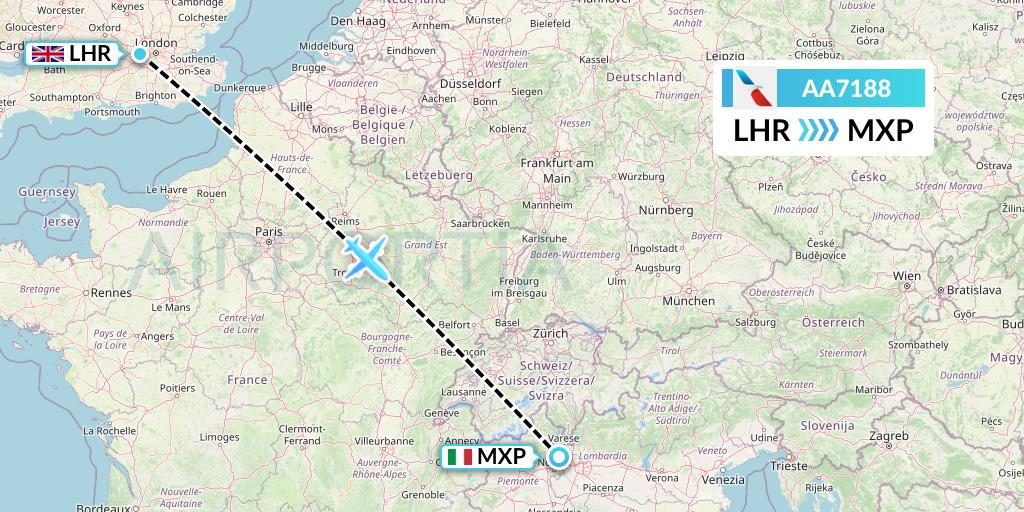 AA7188 American Airlines Flight Map: London to Milan
