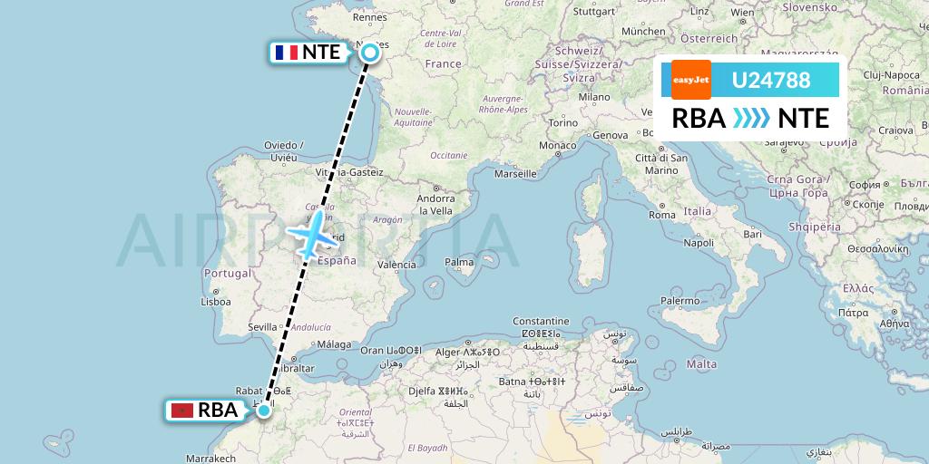U24788 EasyJet Flight Map: Rabat to Nantes