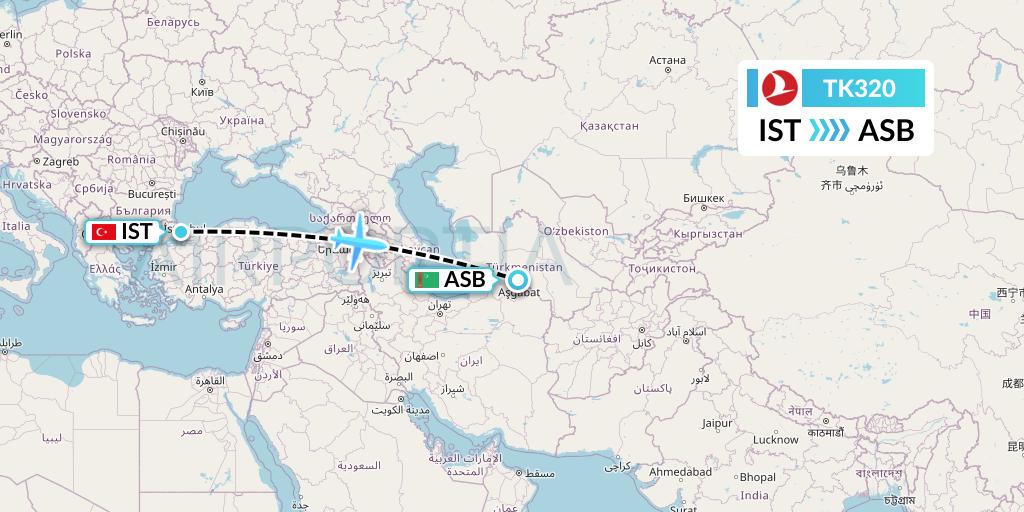 TK320 Flight Status Turkish Airlines Istanbul to Ashgabat (THY320)