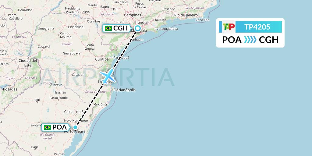TP4205 TAP Portugal Flight Map: Porto Alegre to Sao Paulo