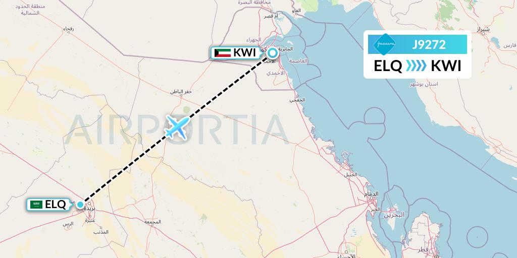 J9272 Jazeera Airways Flight Map: Al-Qassim to Kuwait City