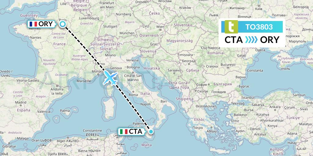 TO3803 Transavia France Flight Map: Catania to Paris