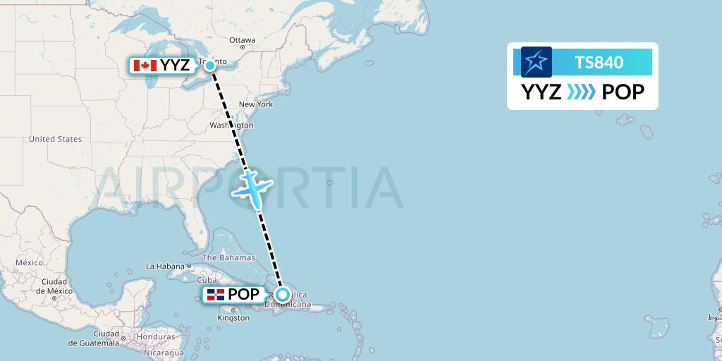 TS840 Air Transat Flight Map: Toronto to Puerto Plata
