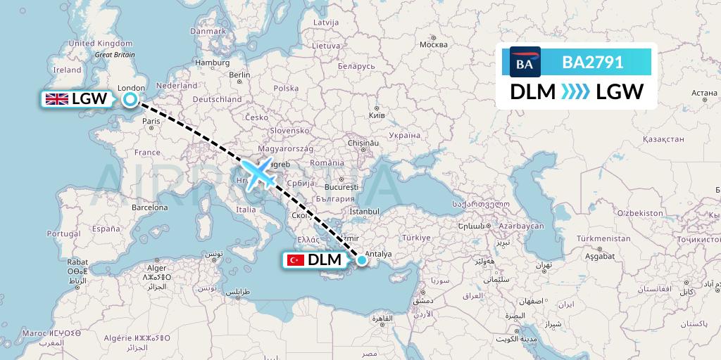 BA2791 British Airways Flight Map: Dalaman to London