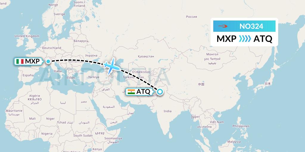 NO324 Neos Flight Map: Milan to Amritsar