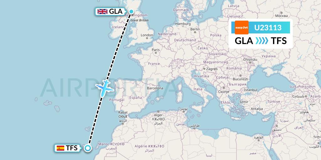 U23113 EasyJet Flight Map: Glasgow to Tenerife