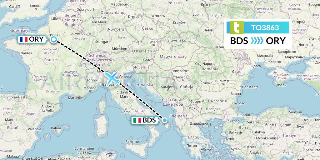 TO3863 Transavia France Flight Map: Brindisi to Paris