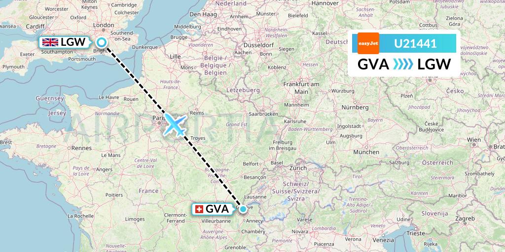 U21441 EasyJet Flight Map: Geneva to London