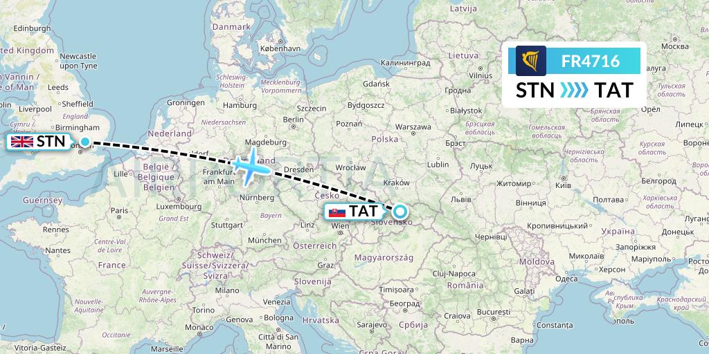 FR4716 Ryanair Flight Map: London to Poprad