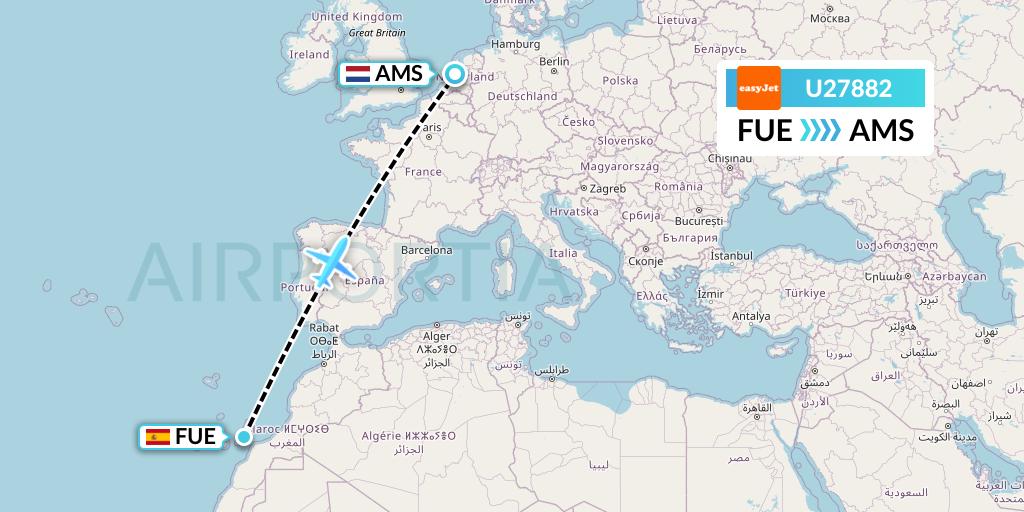 U27882 EasyJet Flight Map: Fuerteventura to Amsterdam