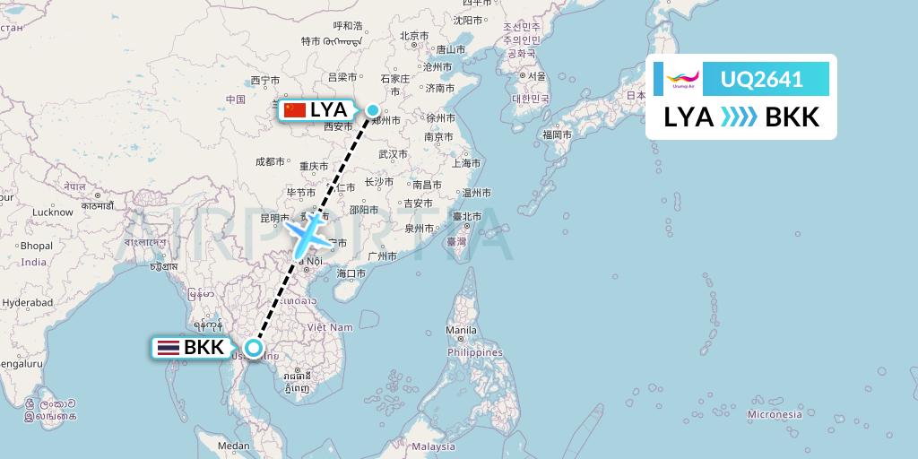 UQ2641 Urumqi Airlines Flight Map: Luoyang to Bangkok