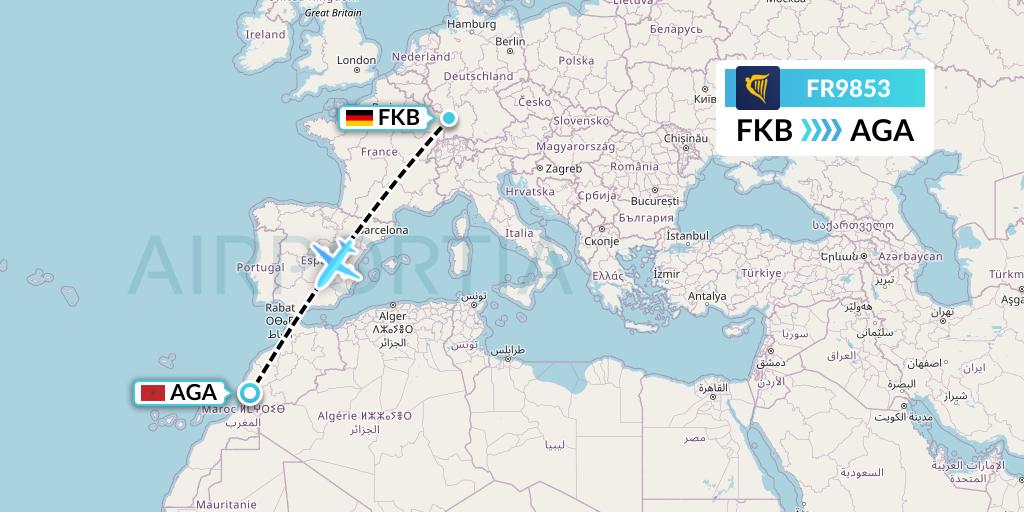 FR9853 Ryanair Flight Map: Karlsruhe/Baden-Baden to Agadir