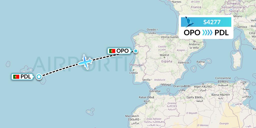 S4277 Azores Airlines Flight Map: Porto to Ponta Delgada