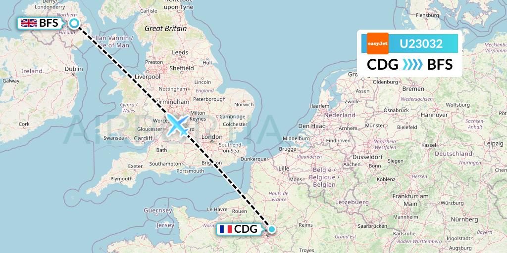 U23032 EasyJet Flight Map: Paris to Belfast