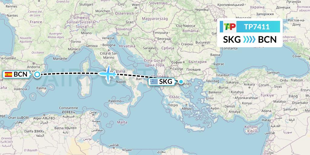 TP7411 TAP Portugal Flight Map: Thessaloniki to Barcelona