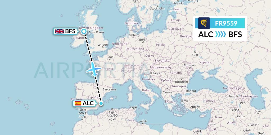 FR9559 Ryanair Flight Map: Alicante to Belfast
