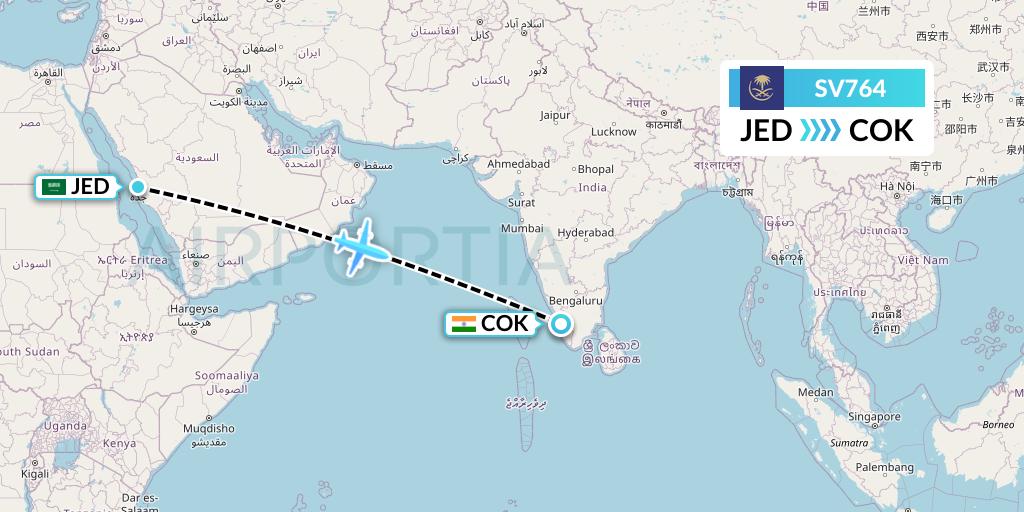 SV764 Saudi Arabian Airlines Flight Map: Jeddah to Cochin