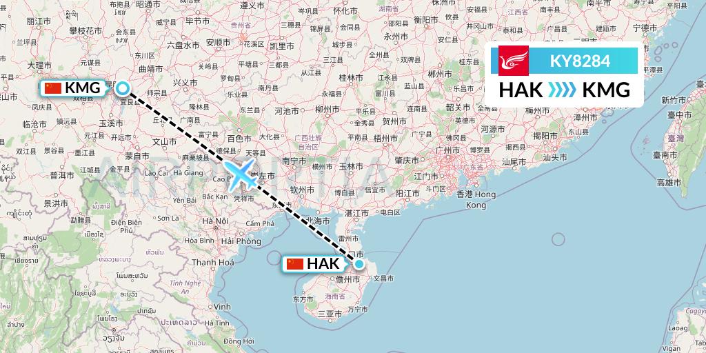 KY8284 Kunming Airlines Flight Map: Haikou to Kunming