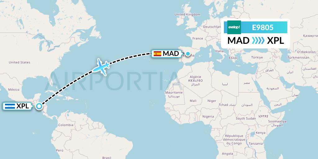 E9805 Evelop Airlines Flight Map: Madrid to Comayagua
