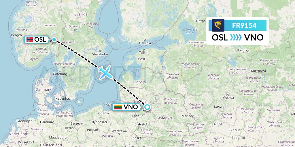 FR9154 Ryanair Flight Map: Oslo to Vilnius