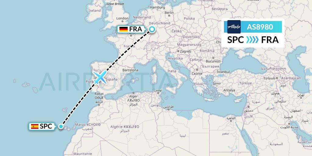 AS8980 Alaska Airlines Flight Map: La Palma to Frankfurt