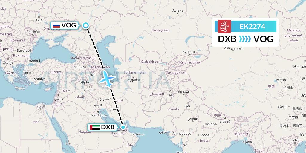 EK2274 Emirates Flight Map: Dubai to Volgograd