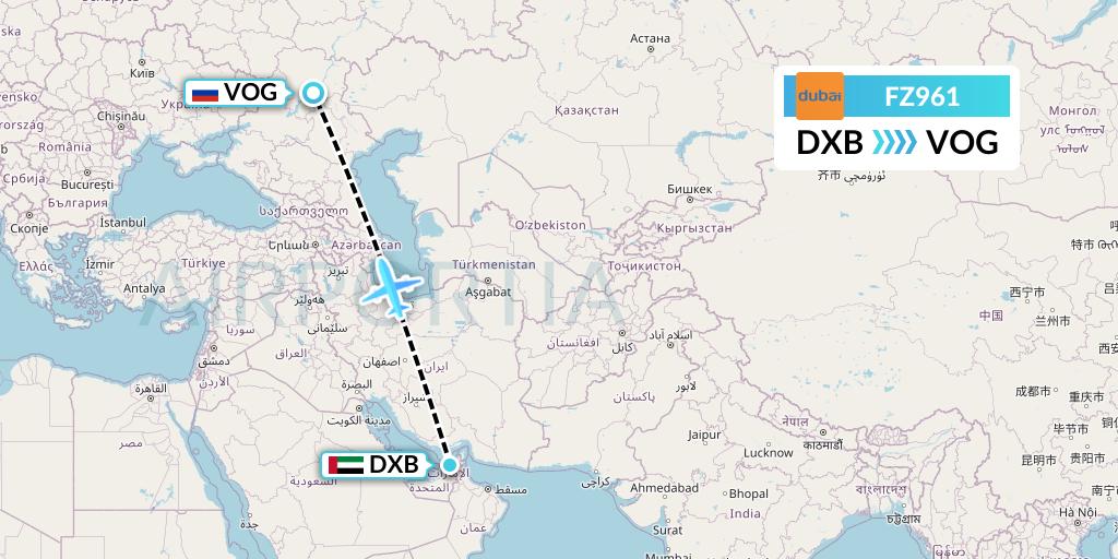 FZ961 FlyDubai Flight Map: Dubai to Volgograd
