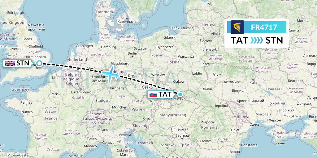 FR4717 Ryanair Flight Map: Poprad to London