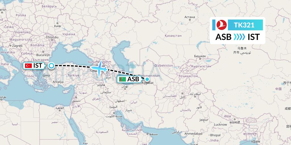 TK321 Turkish Airlines Flight Map: Ashgabat to Istanbul