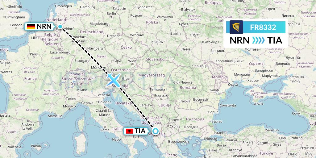 FR8332 Ryanair Flight Map: Weeze to Tirana