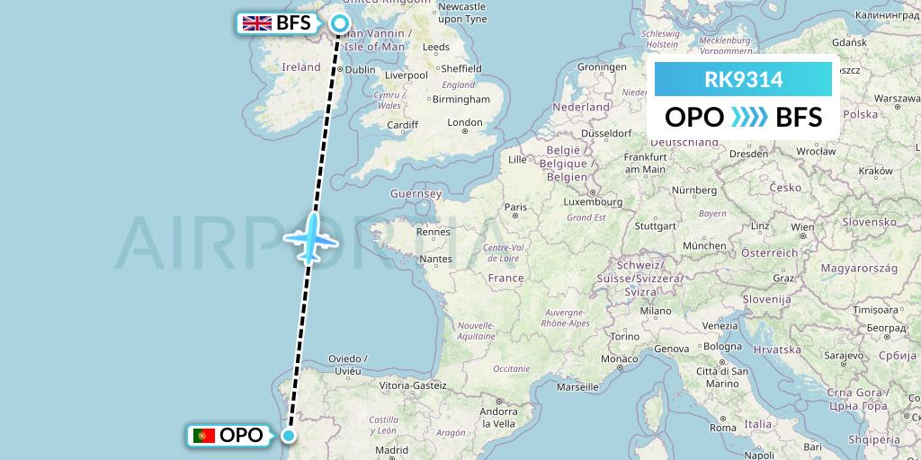 RK9314 Ryanair UK Flight Map: Porto to Belfast