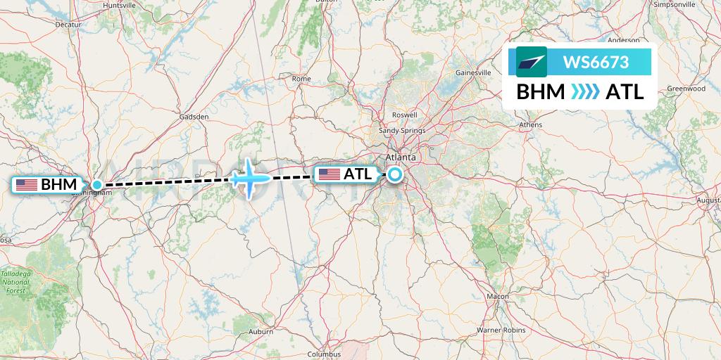 WS6673 WestJet Flight Map: Birmingham to Atlanta